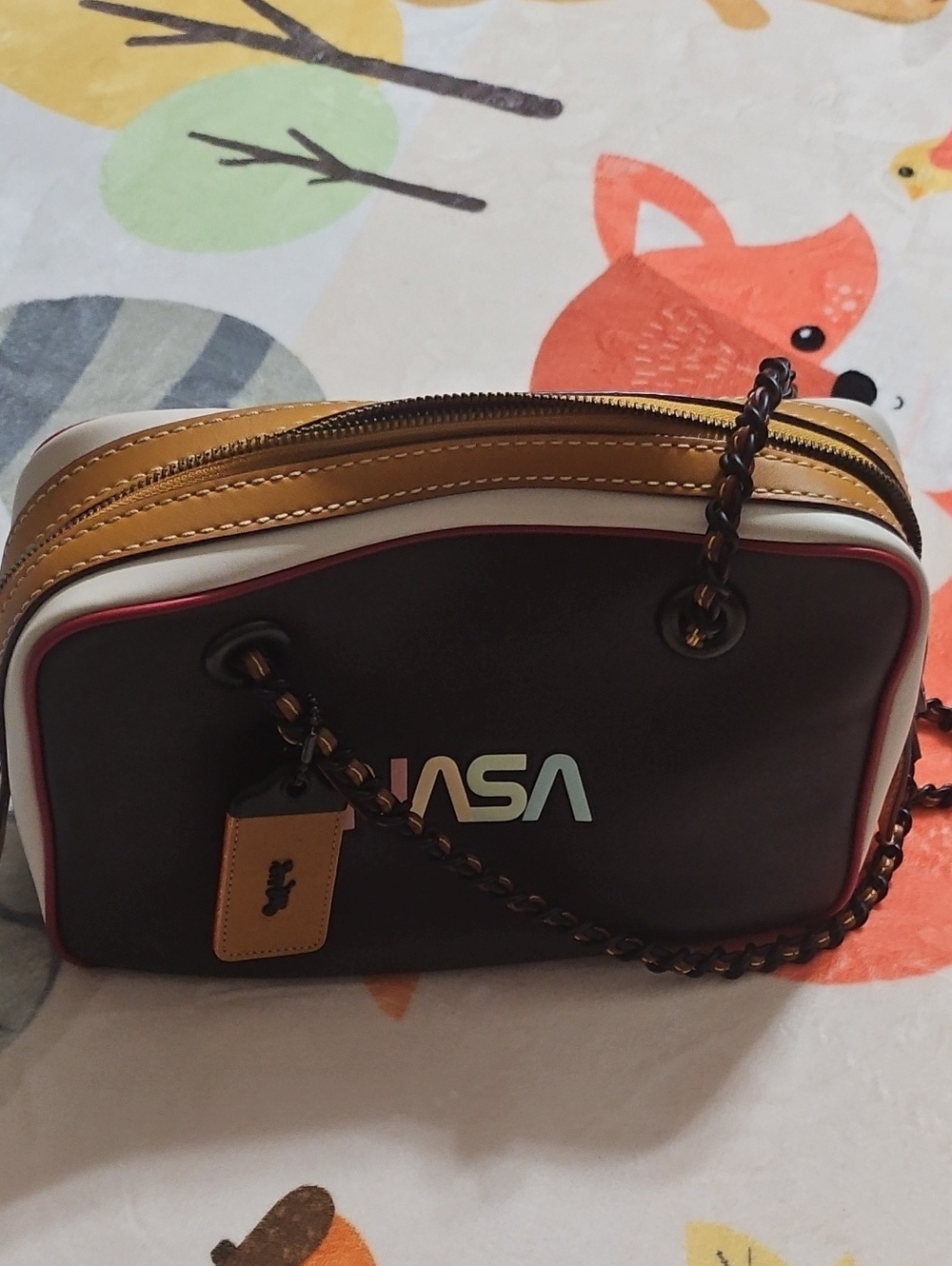NASA Logo Brown & Tan Crossbody Bag with Gold Chain Detail